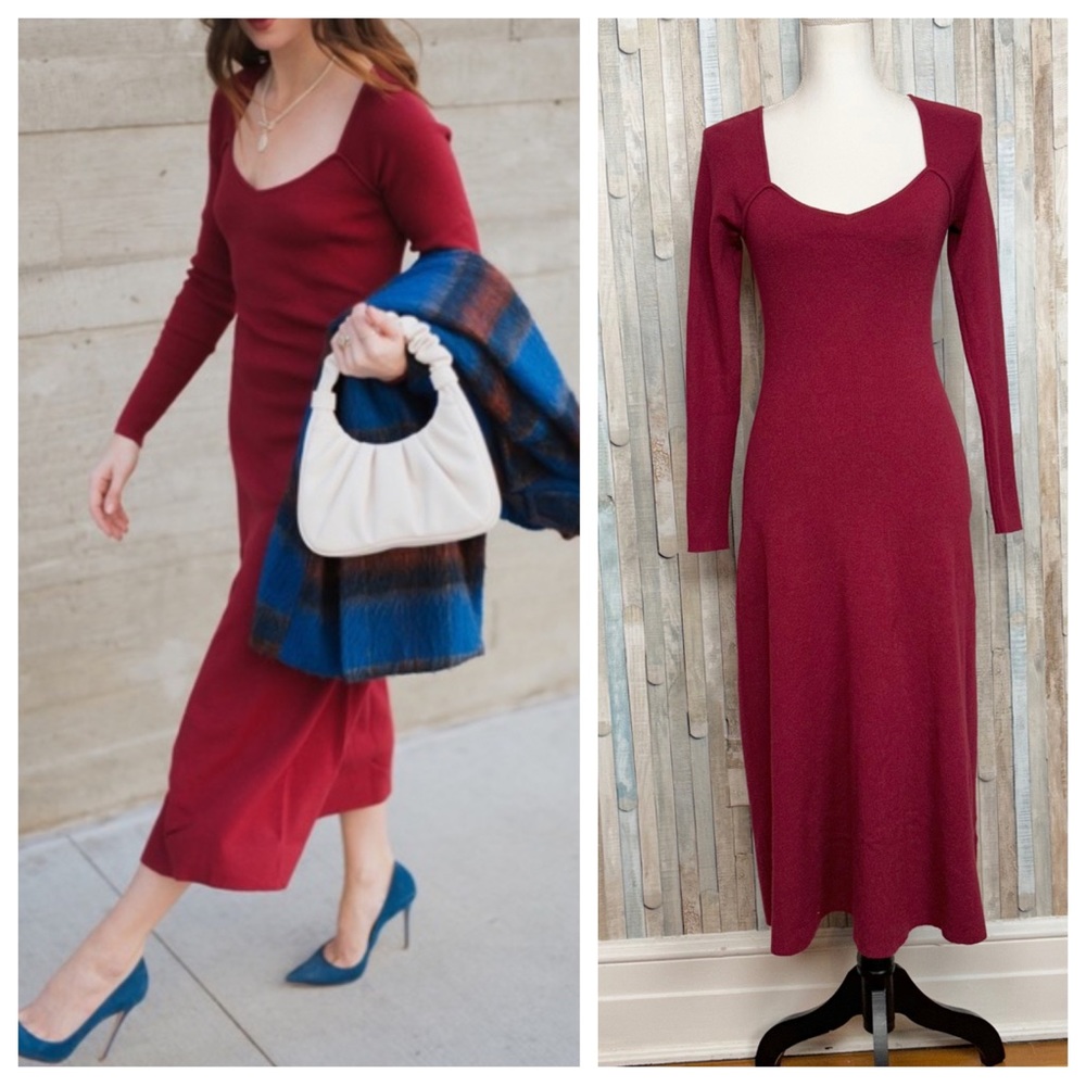 Rachel Parcell XXS Red Sweetheart Neck A Line Midi Sweater Dress Knit $218 - Picture 1 of 10